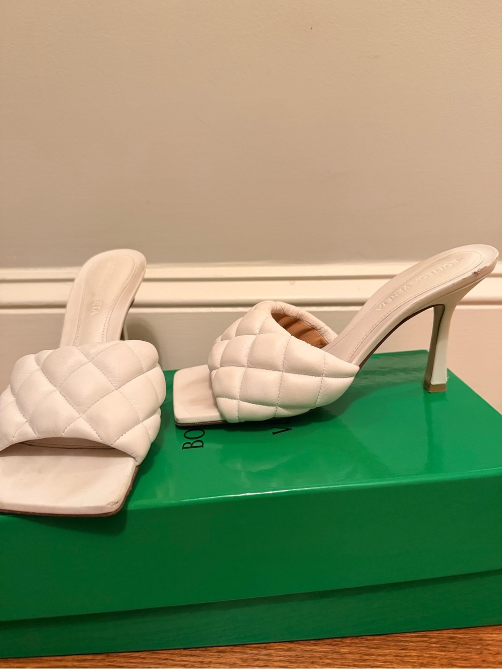 Bottega Veneta White Quilted Square-Toe Heeled Mules